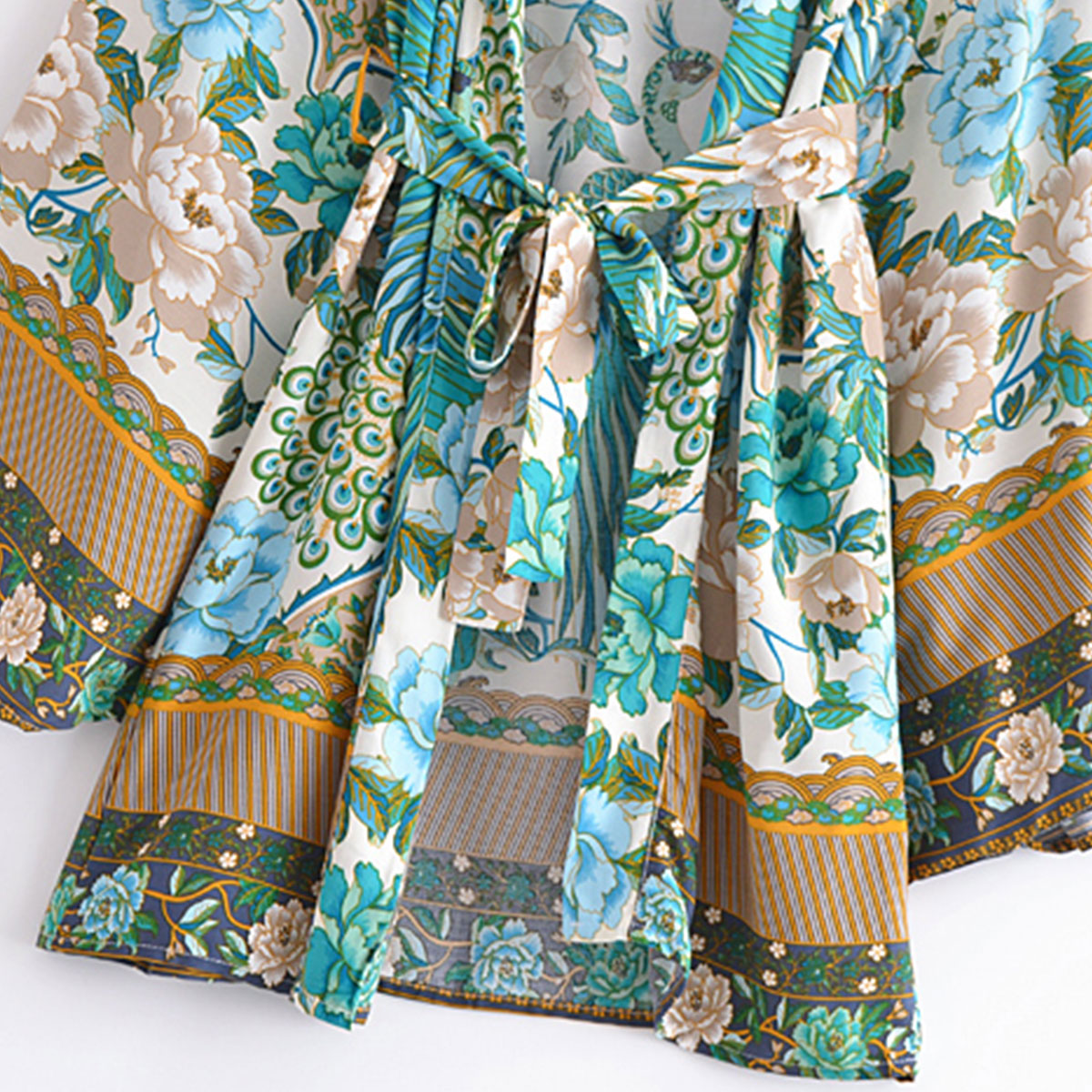 Teal Peacock Boho Floral Print Short Robe