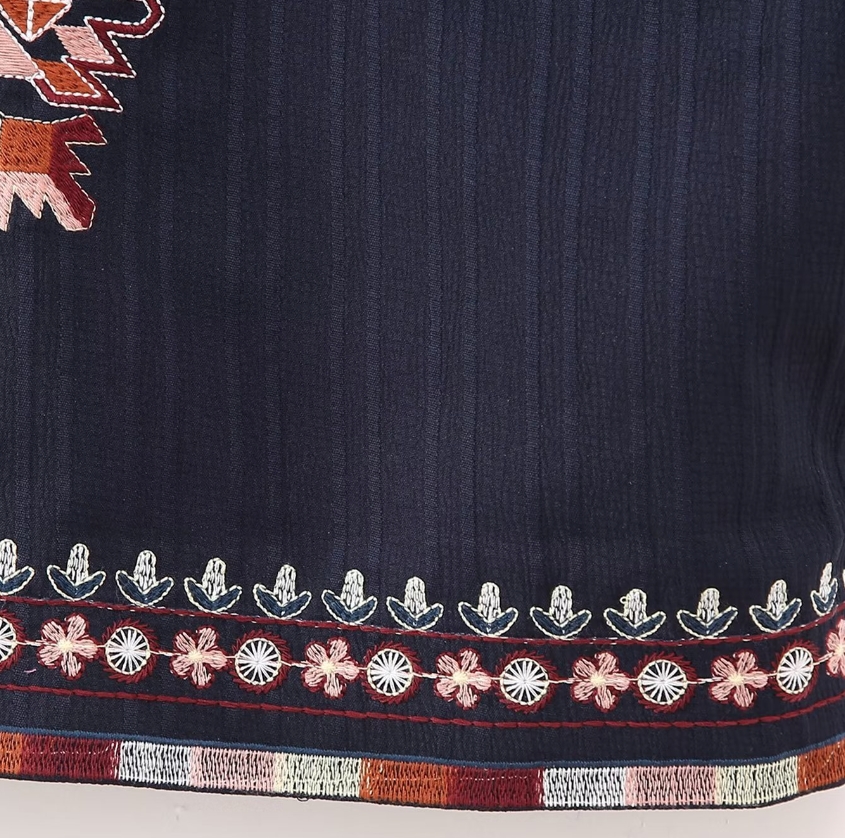 Navy Boho Aztec Embroidered Vest