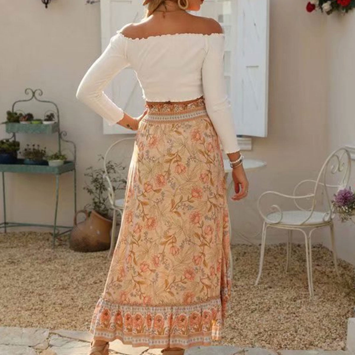 Malibu Peach Boho Floral Print Maxi Skirt