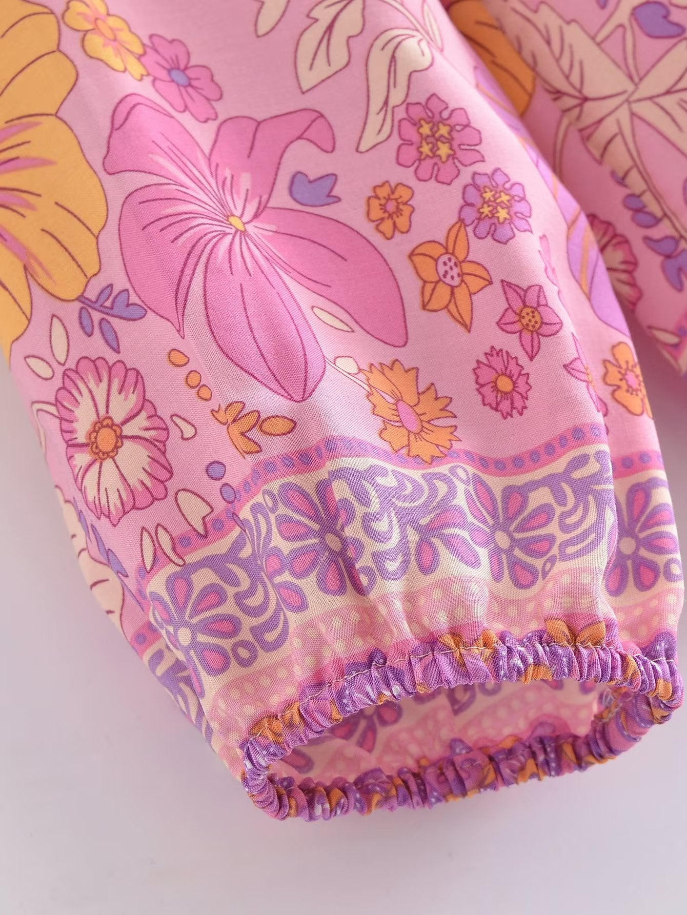 Pink Hibiscus Boho Floral Print Long Sleeve Blouse