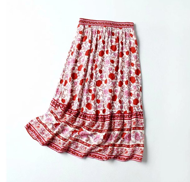 Rose Charm Boho Floral Print Midi Skirt