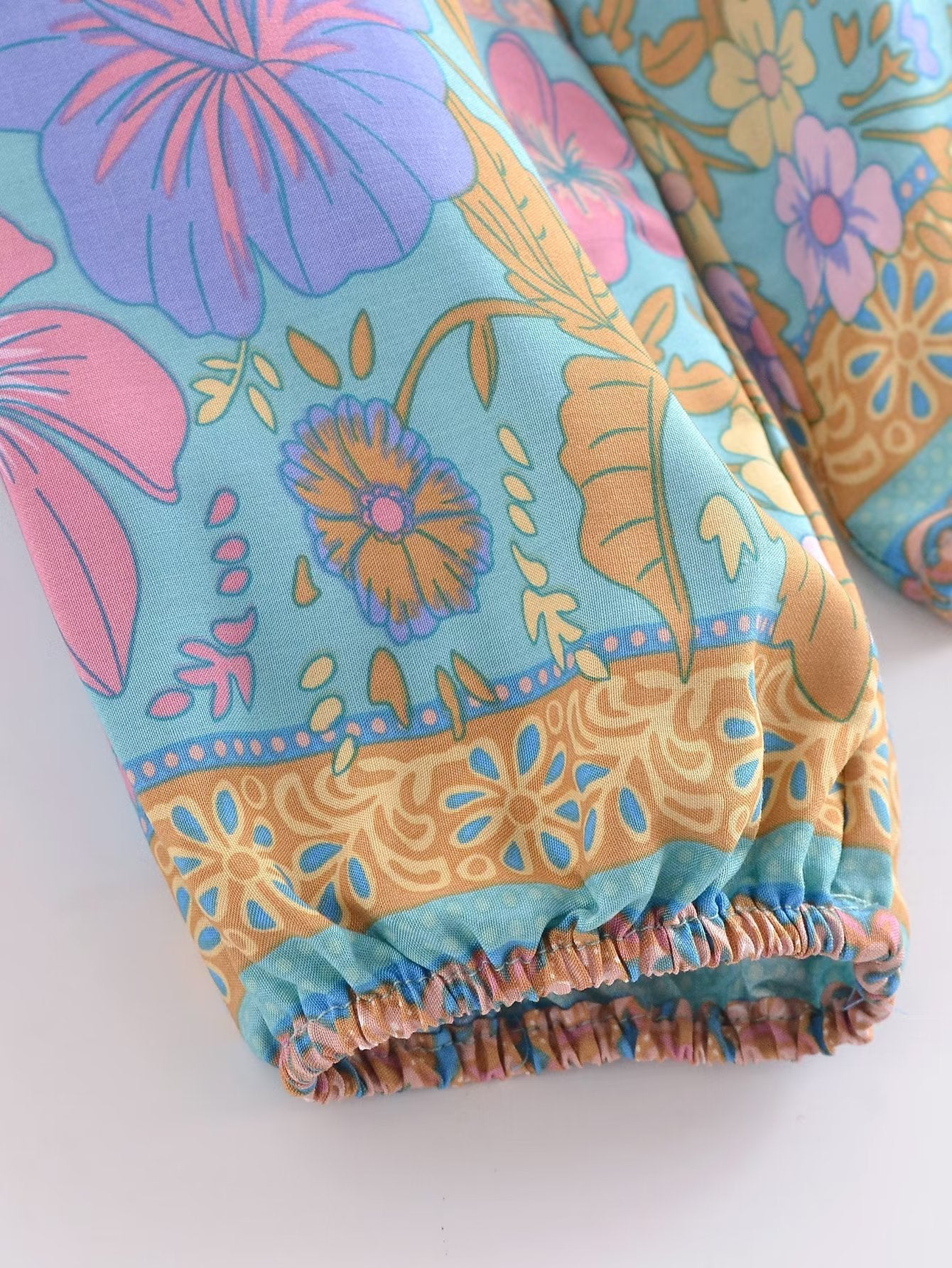 Blue Hibiscus Boho Floral Print Long Sleeve Blouse