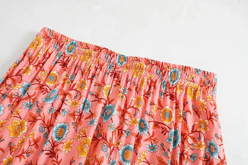 Serena Pink Boho Floral Print Midi Skirt