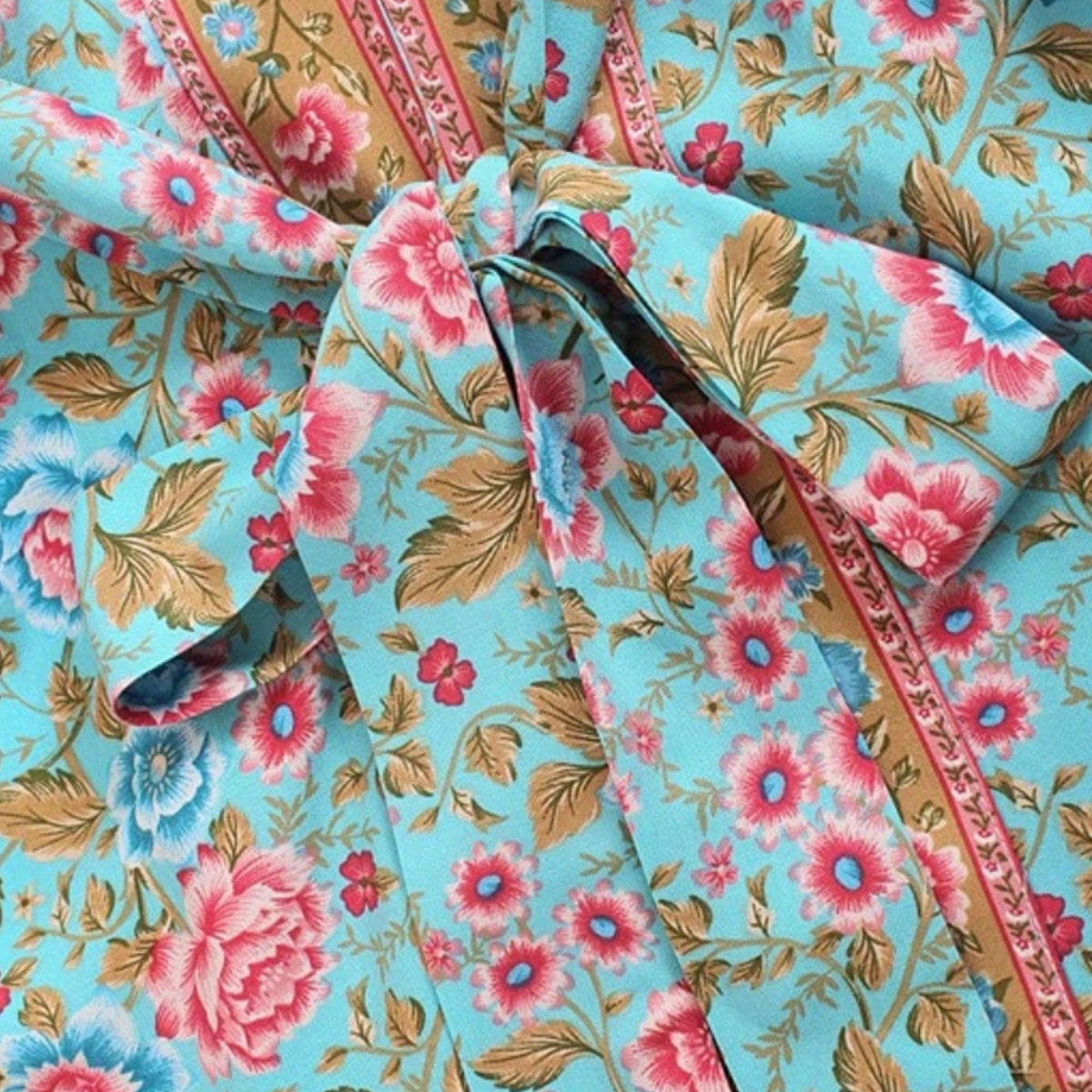 Sea Glass Blue Boho Floral Print Midi Robe