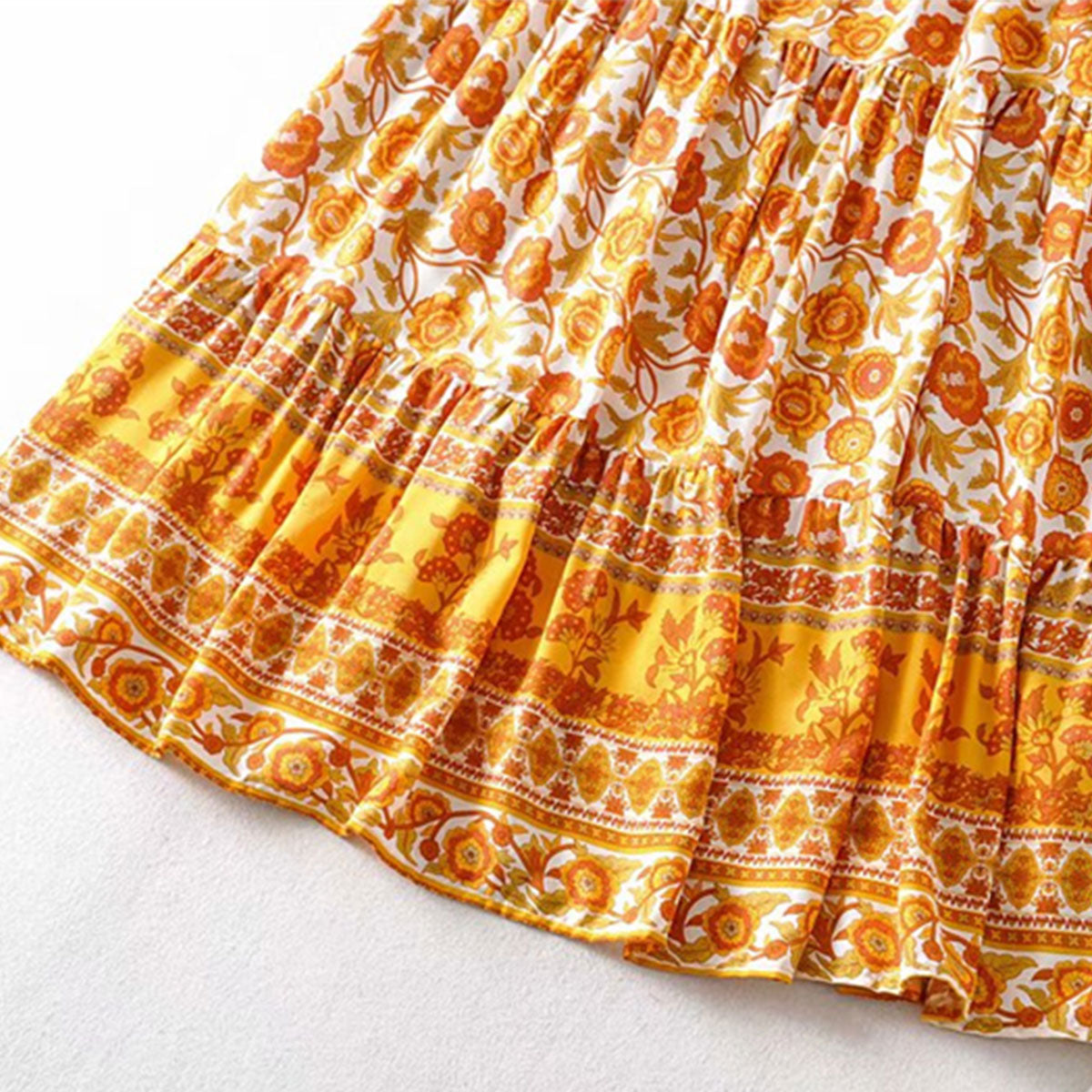 Marigold Orange Boho Floral Print Midi Skirt