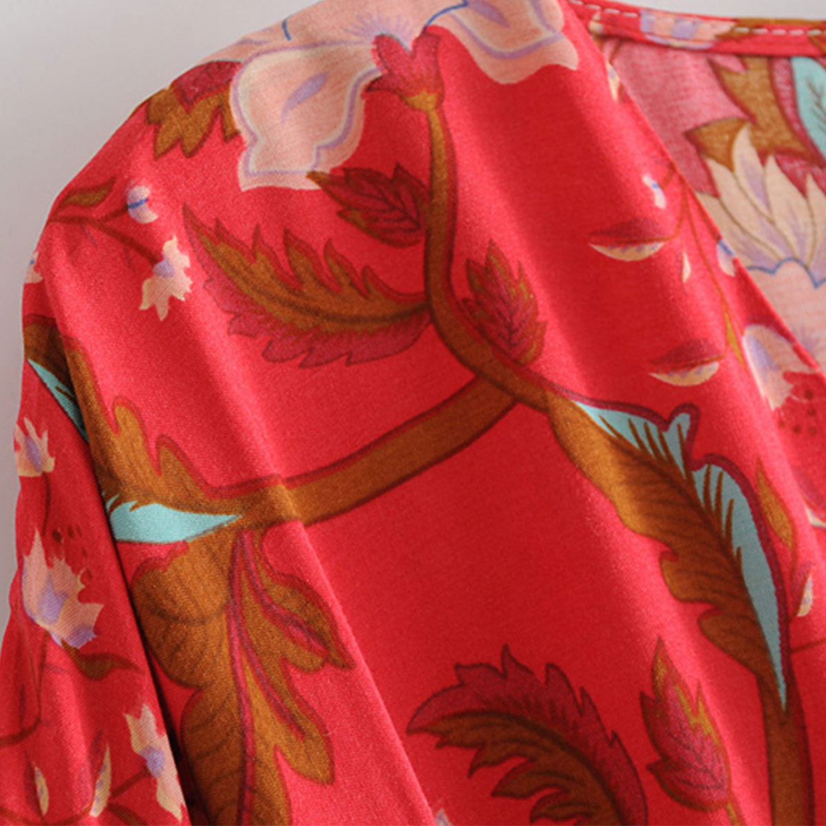 Fiery Red Peacock Boho Floral Print Midi Dress