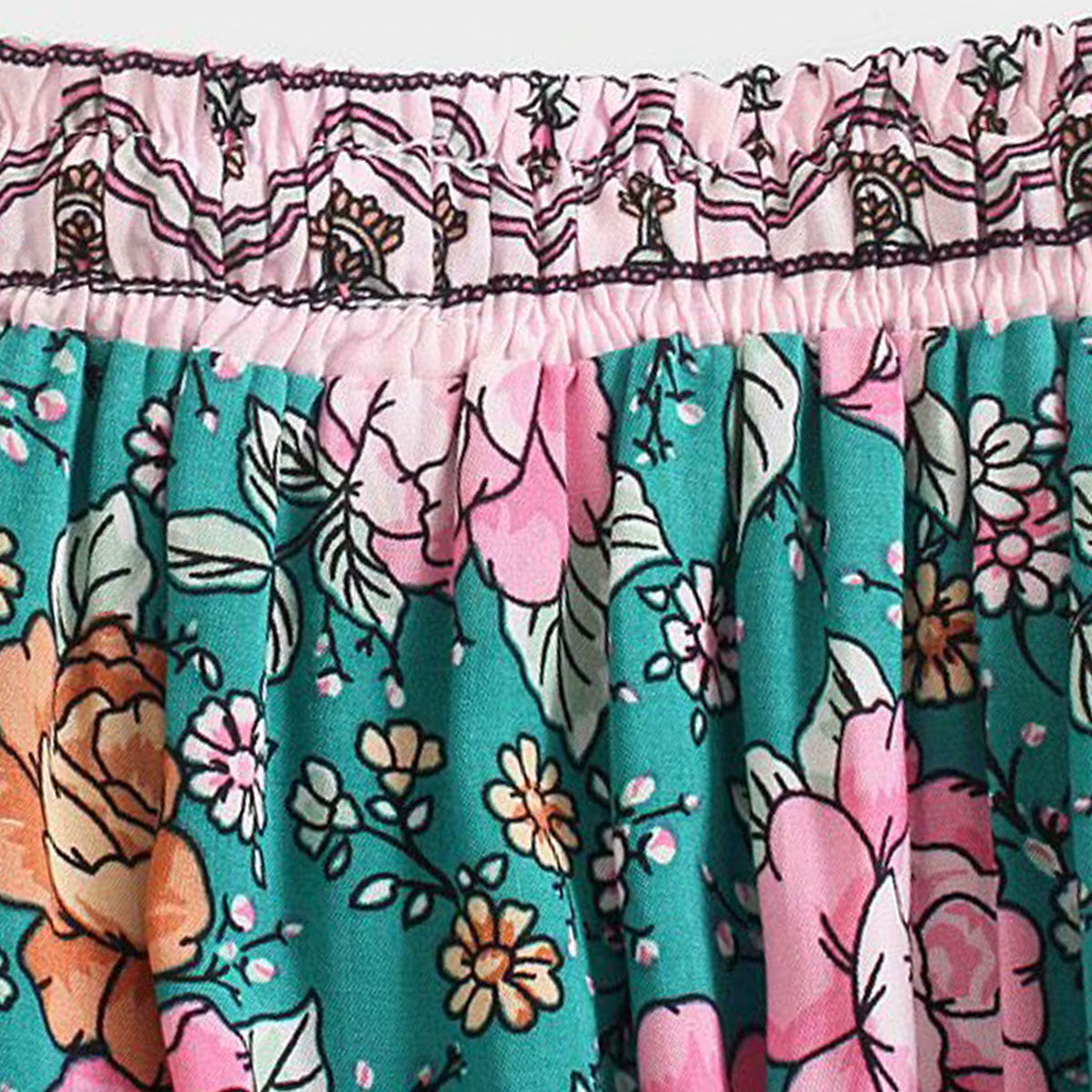 Teal Garden Boho Floral Print Maxi Skirt