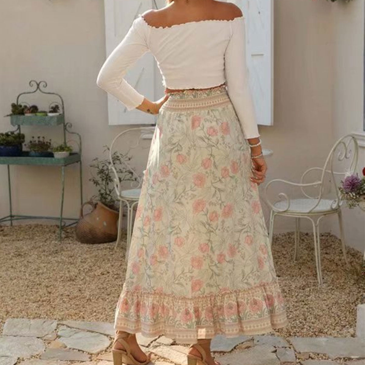 Pearl Blush Floral Print Boho Maxi Skirt