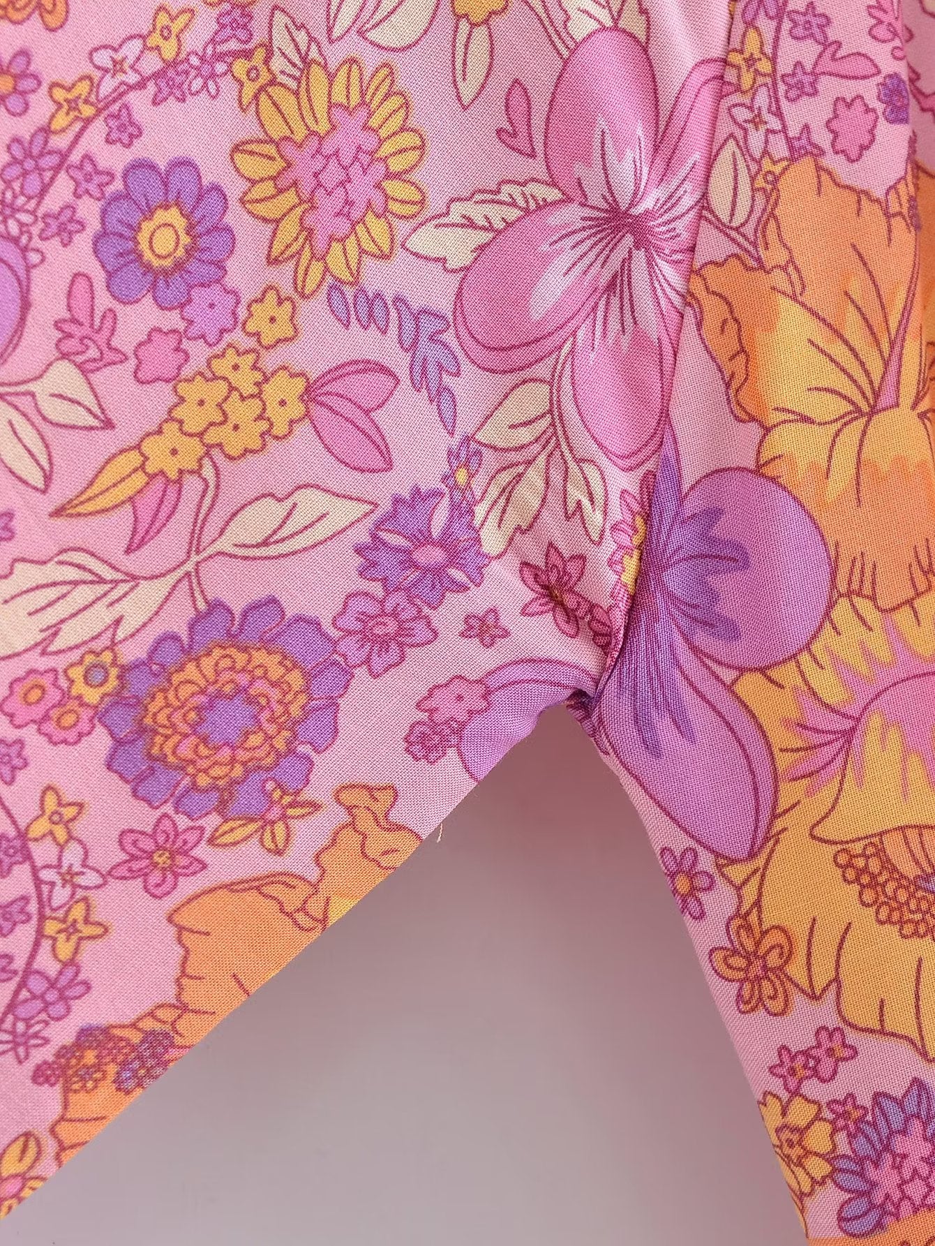Pink Hibiscus Boho Floral Print Long Sleeve Blouse