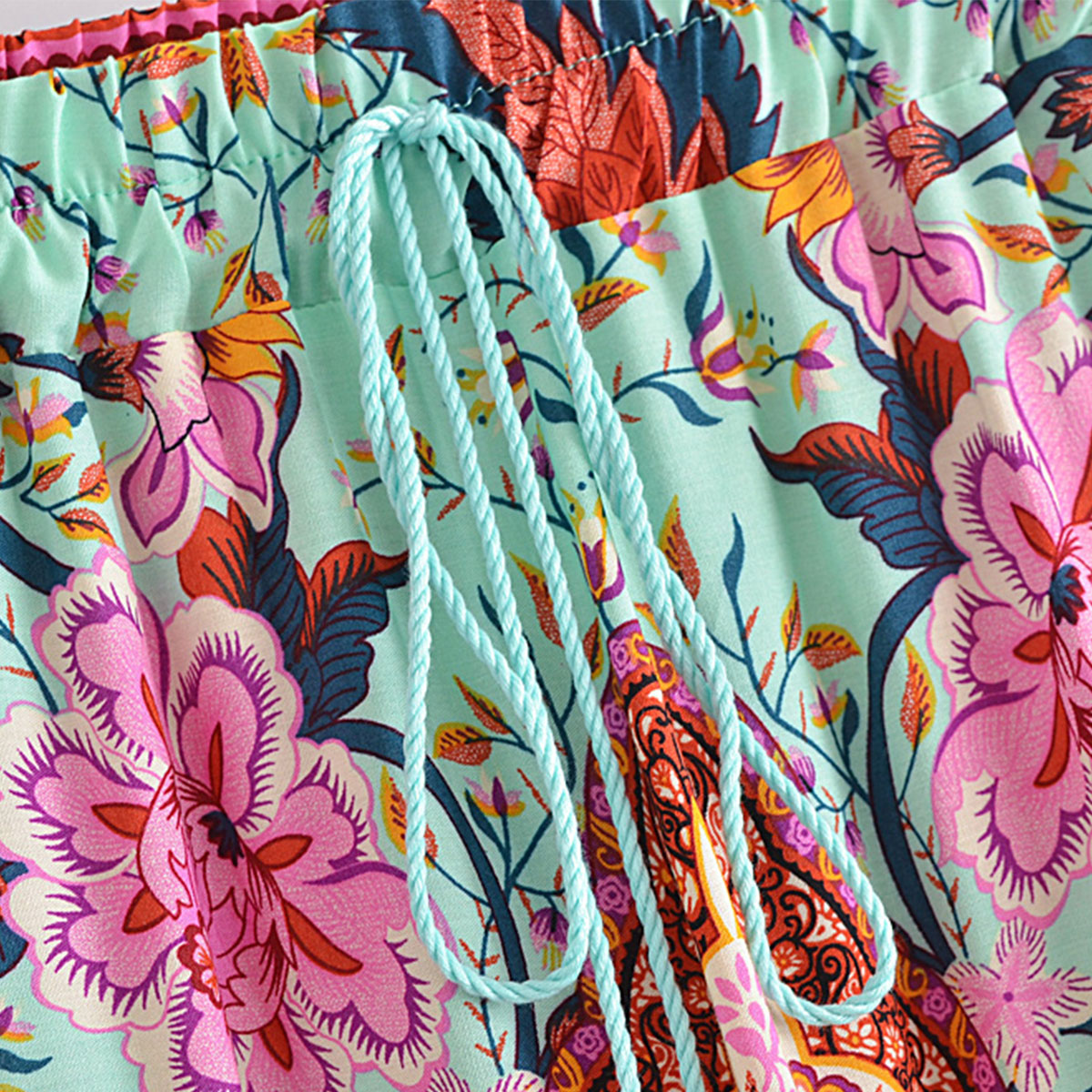 Aqua Blue Peacock Boho Floral Print Midi Skirt
