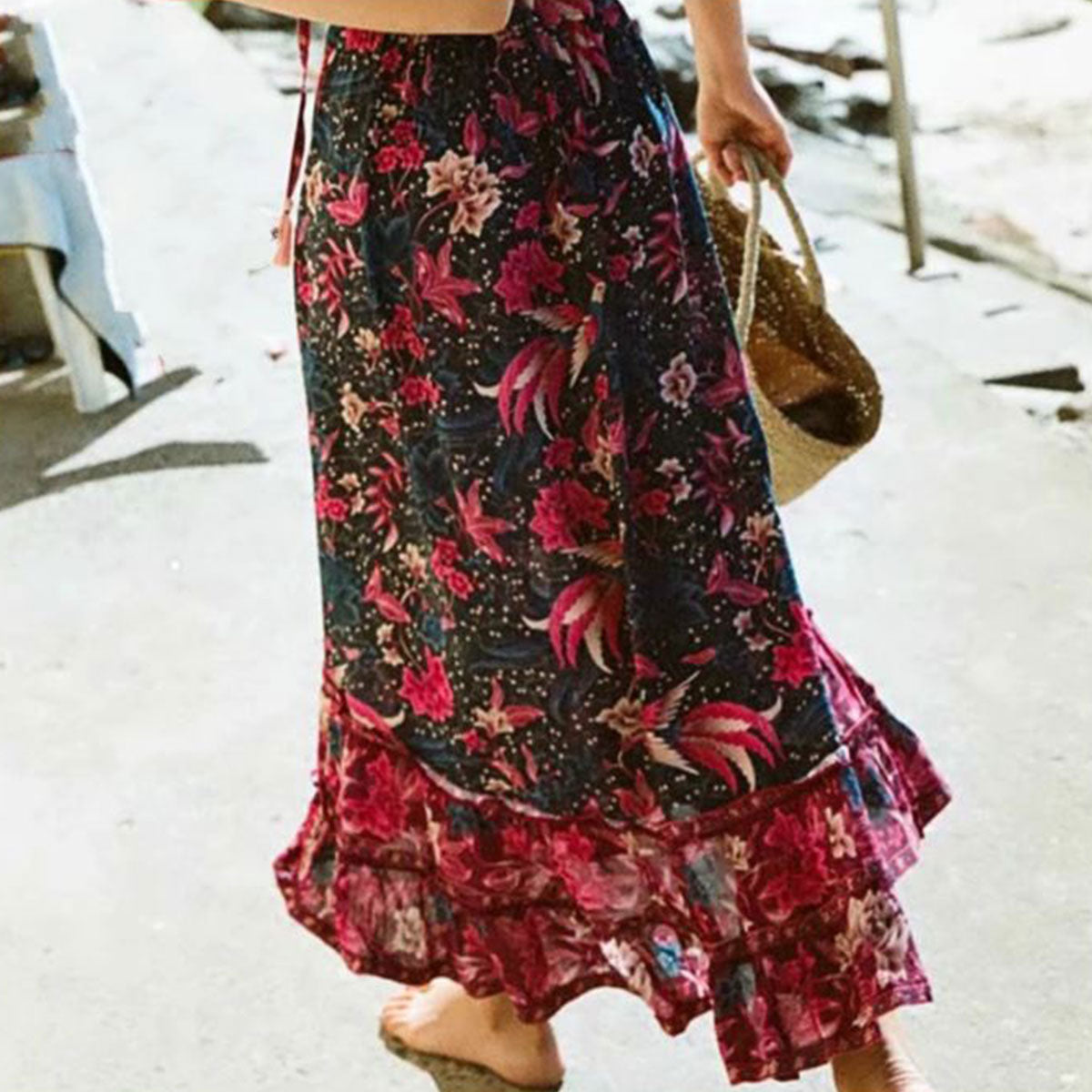 Ruby Dusk Peacock Boho Floral Print Midi Skirt