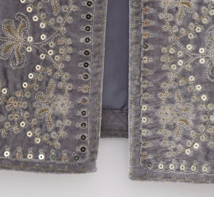 Taupe Boho Sequin Embroidered Vest