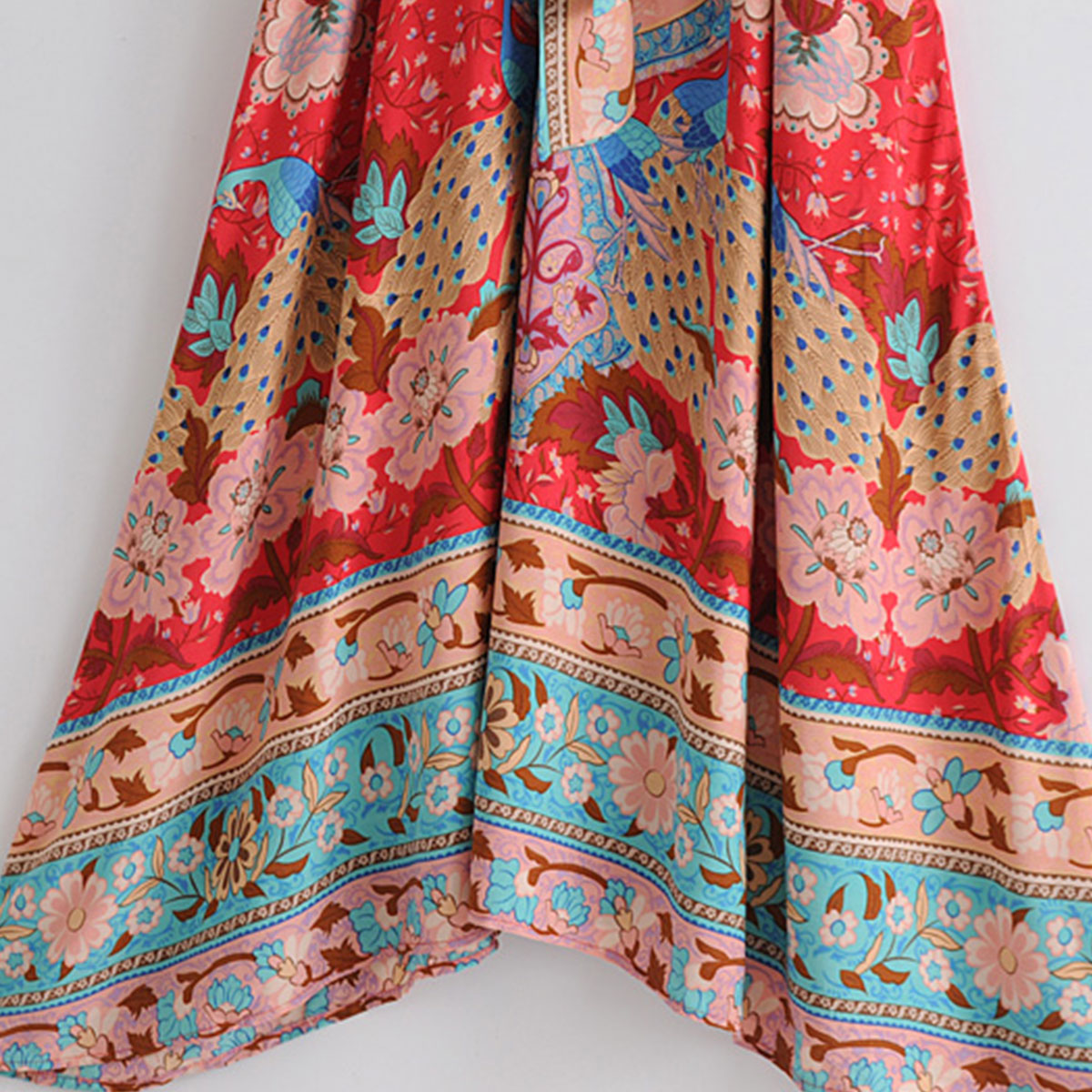 Fiery Red Peacock Boho Floral Print Midi Dress