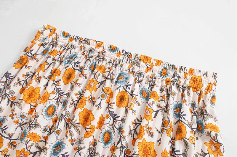 Sunny Marigold Boho Floral Print Midi Skirt