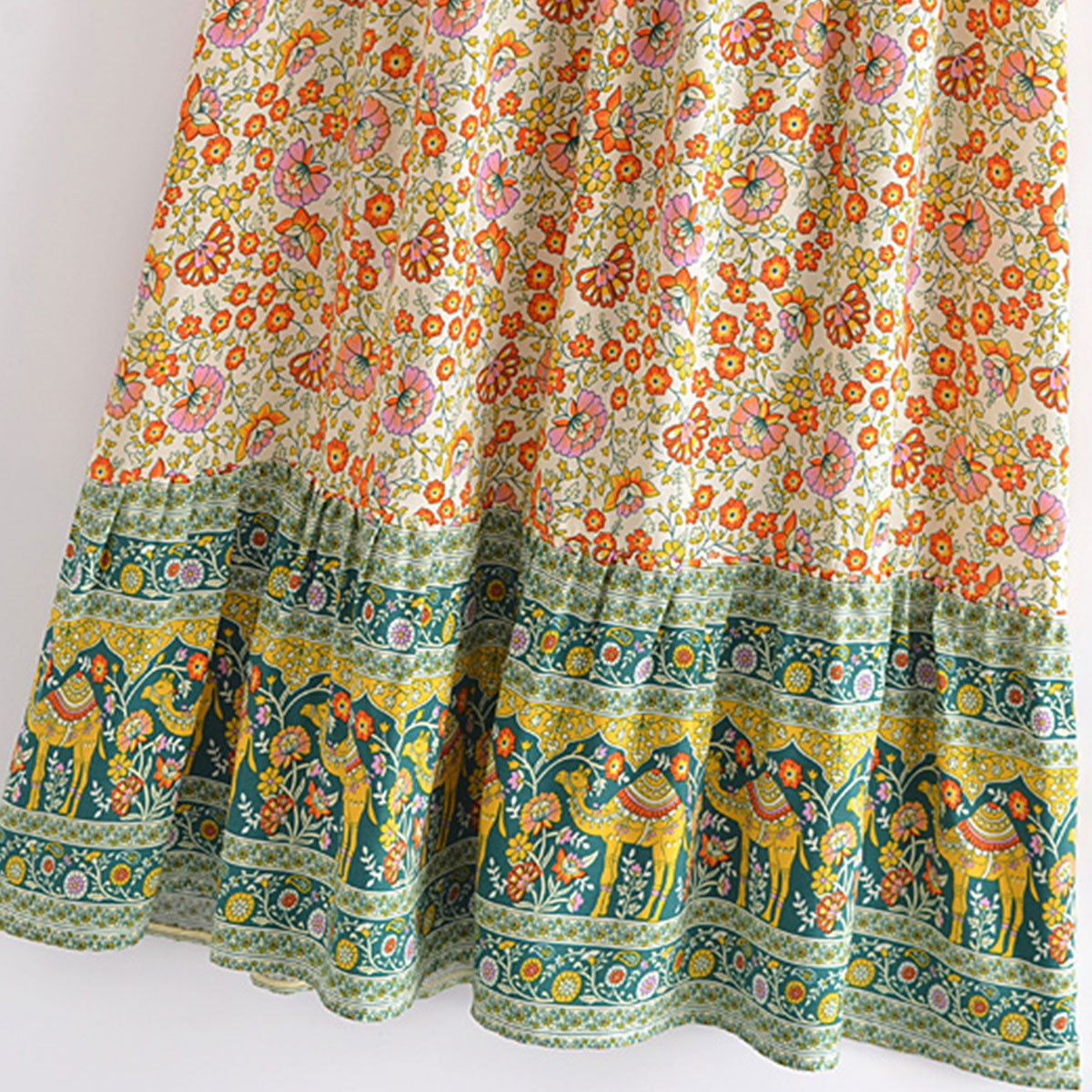 Saffron Camel Boho Floral Print Maxi Skirt