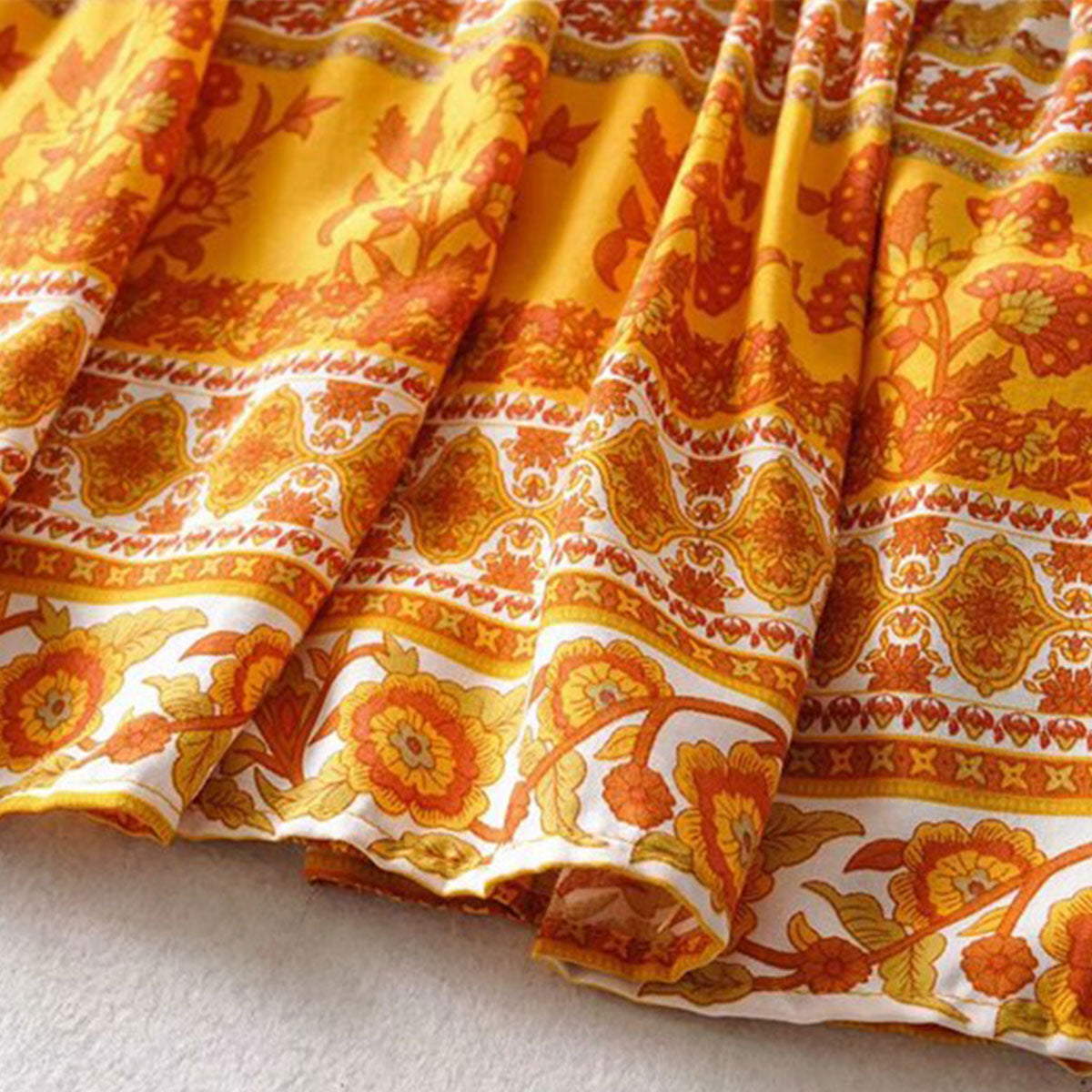 Marigold Orange Boho Floral Print Midi Skirt
