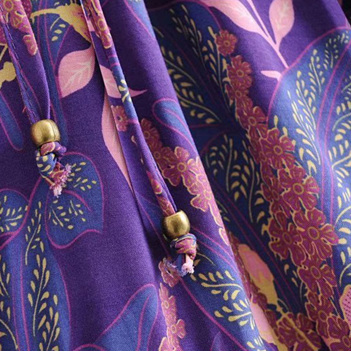 Purple Wisteria Boho Floral Print Long Sleeve Mini Dress