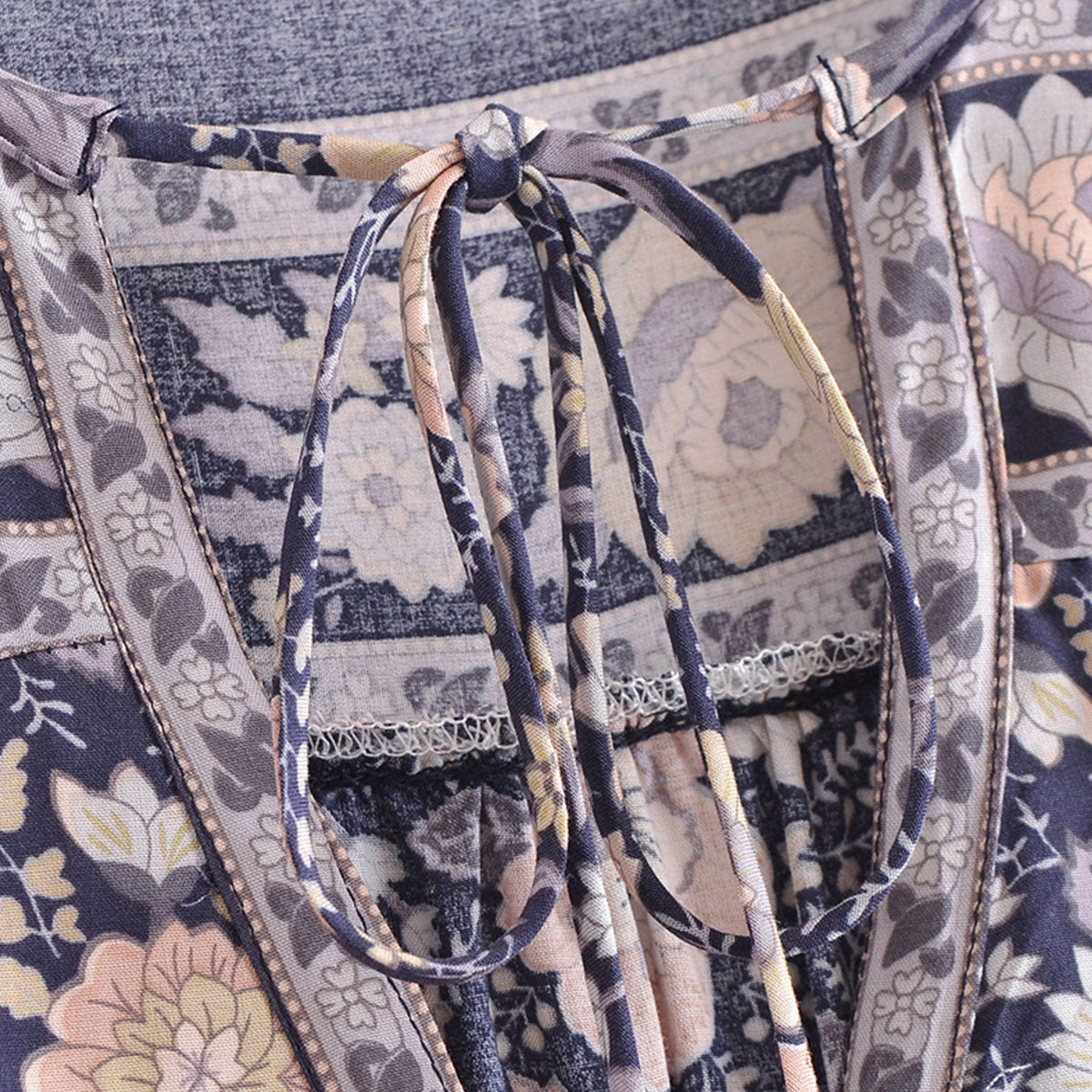 Midnight Blue Boho Floral Print Long Sleeve Blouse