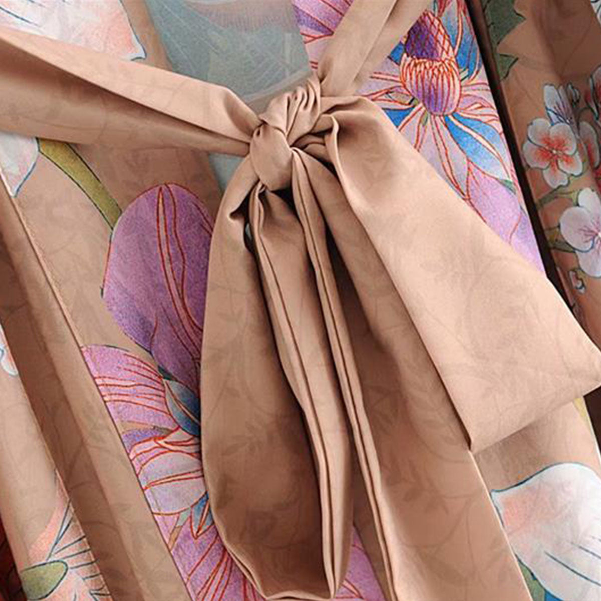 Mesa Tan Peacock Boho Floral Print Maxi Robe