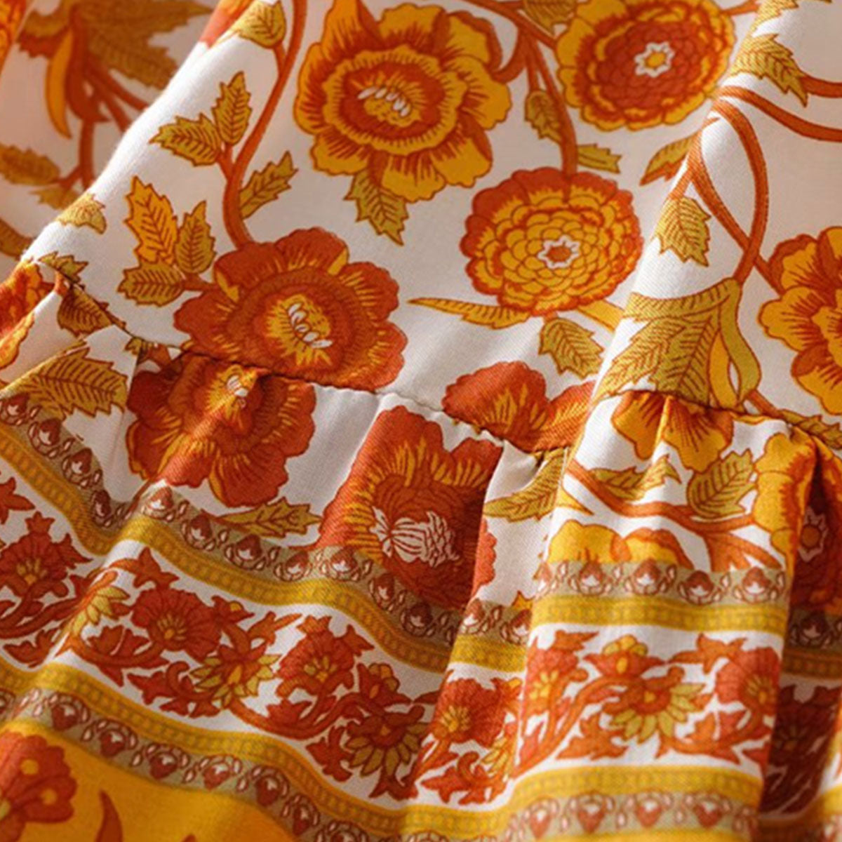 Marigold Orange Boho Floral Print Midi Skirt