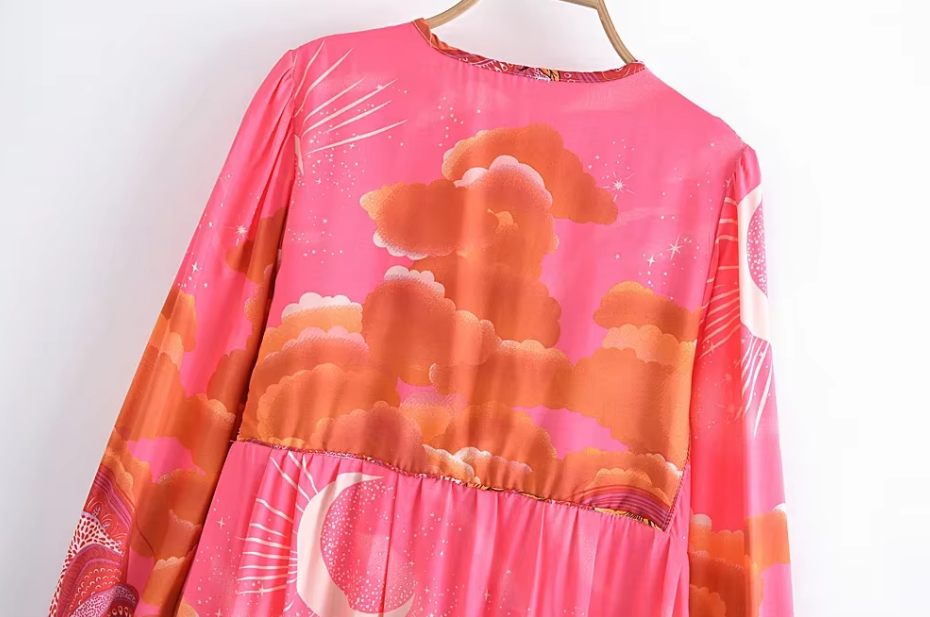 Moonstruck Pink Boho Floral Print Long Sleeve Maxi Dress