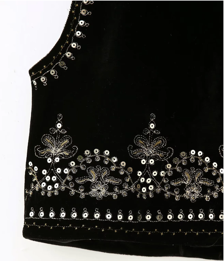 Black Boho Sequin Embroidered Vest