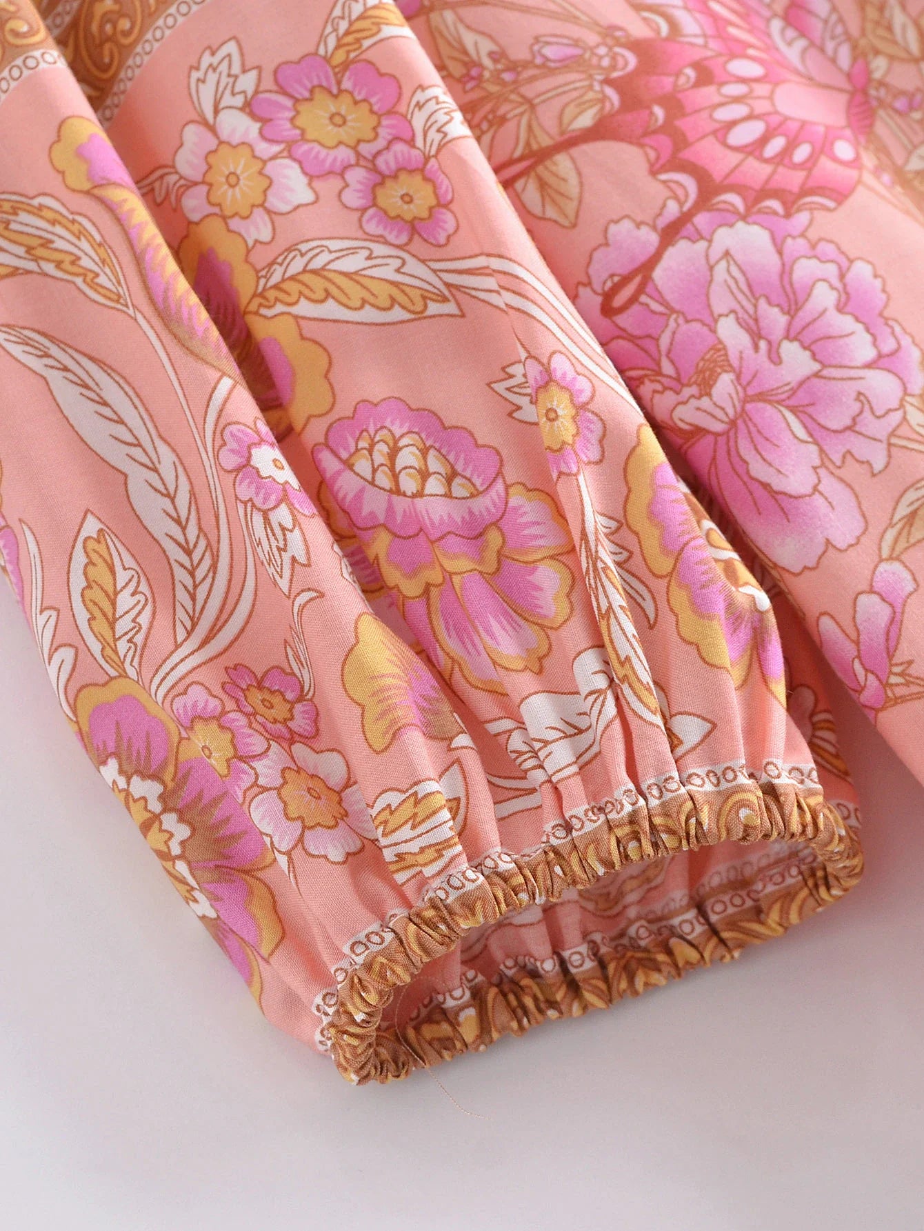 Pink Butterfly Boho Floral Print Long Sleeve Maxi Dress