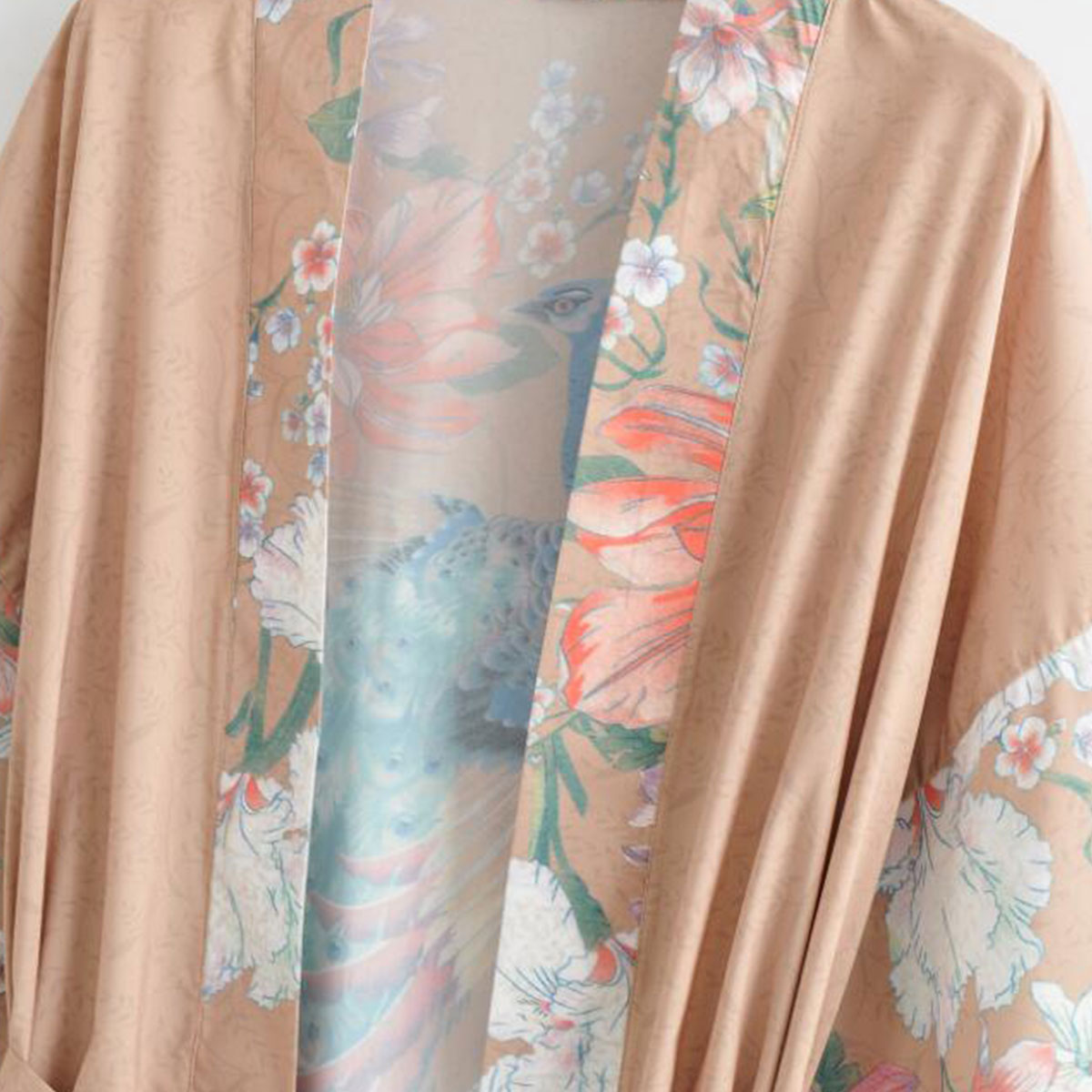 Mesa Tan Peacock Boho Floral Print Short Robe