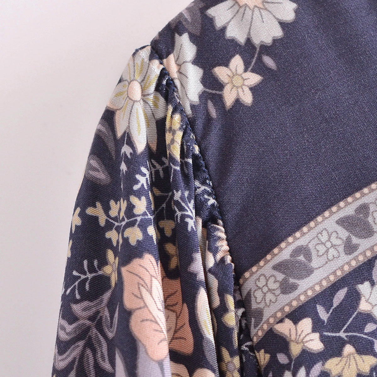 Midnight Blue Boho Floral Print Long Sleeve Blouse