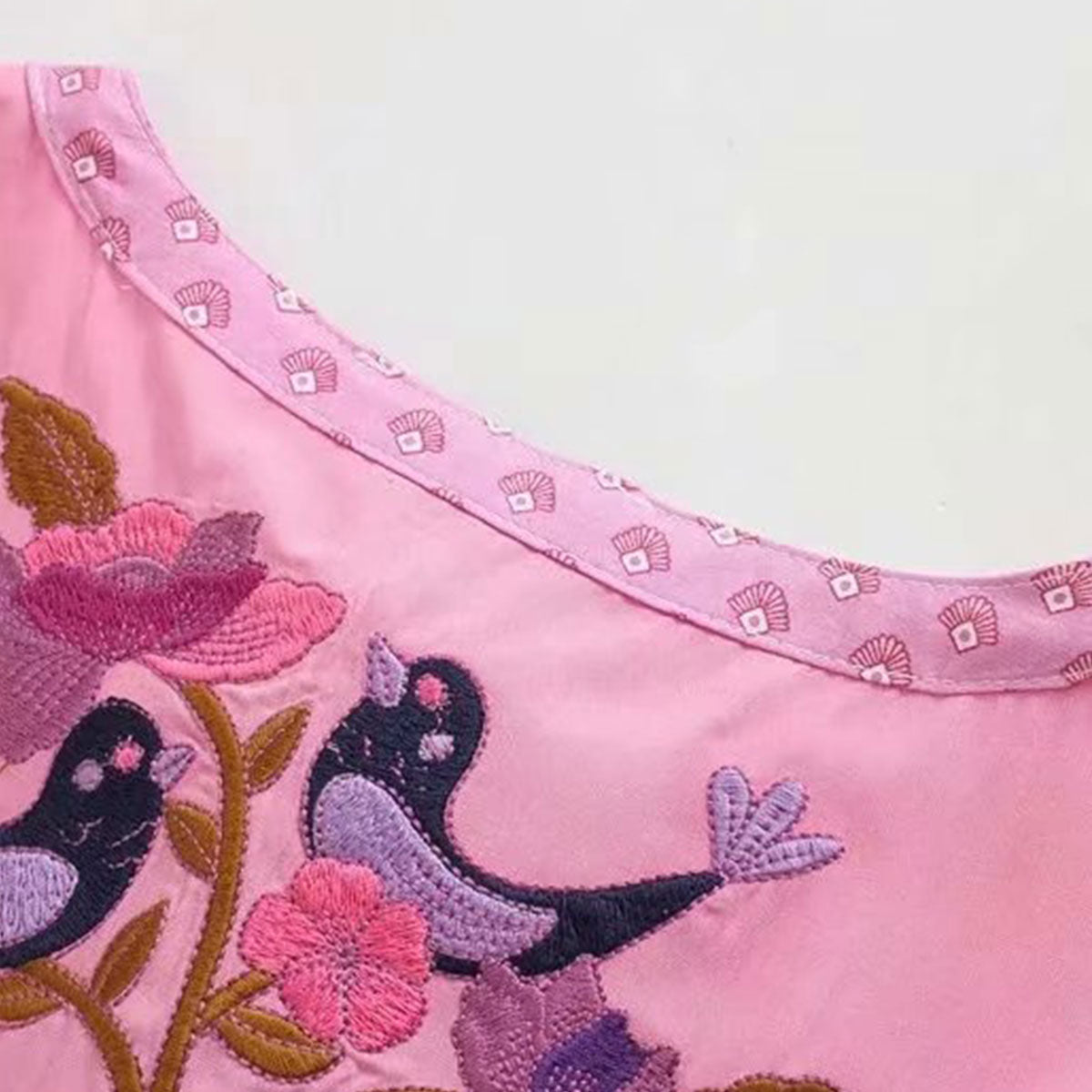 Pink Lovebird Boho Floral Print Long Sleeve Blouse