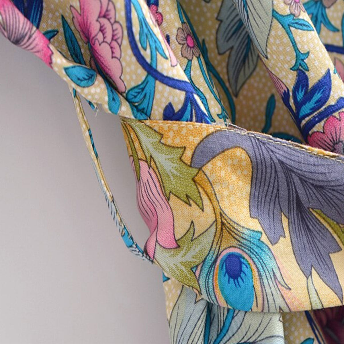 Golden Peacock Boho Floral Print Short Robe