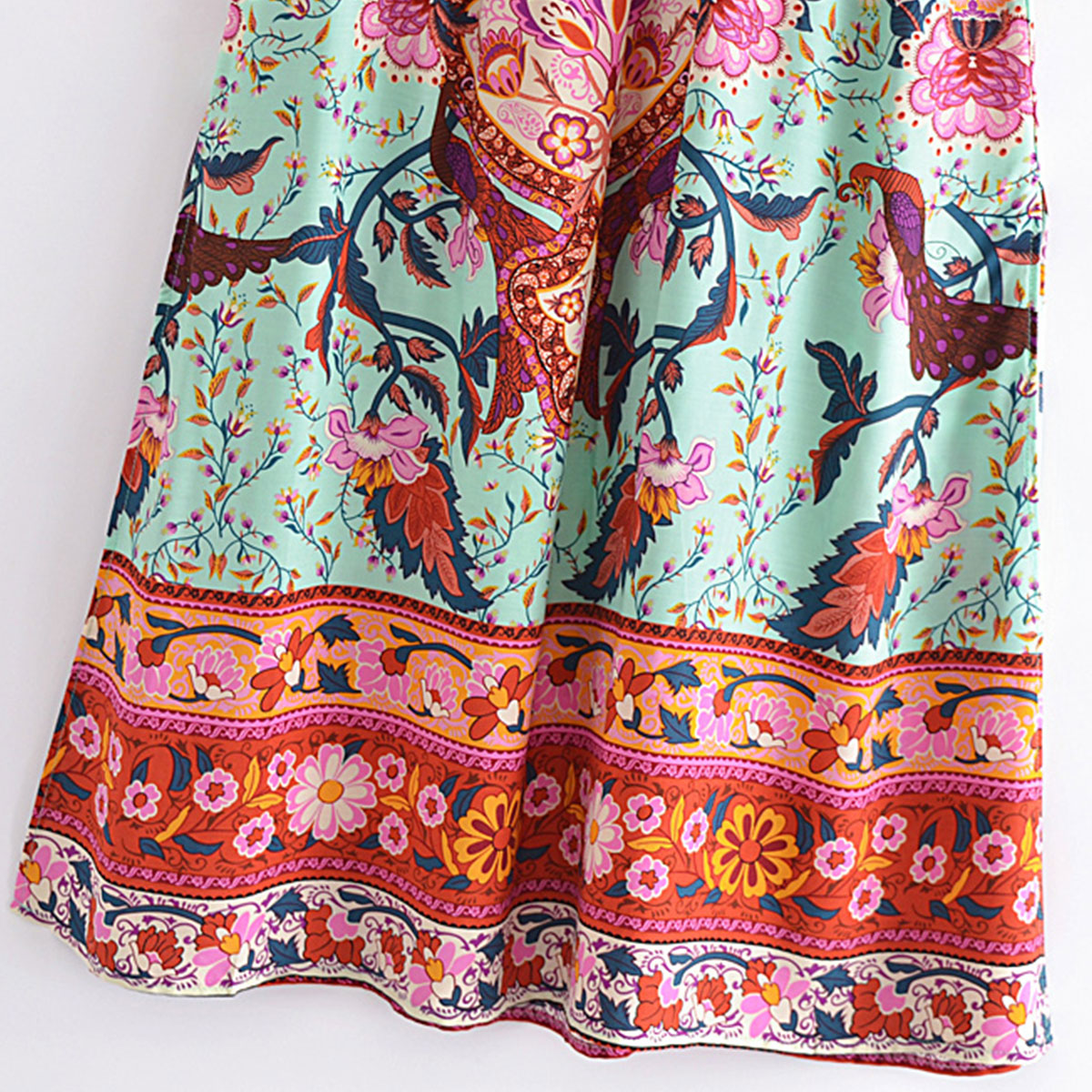 Aqua Blue Peacock Boho Floral Print Midi Skirt