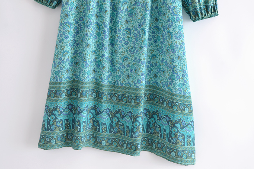 Calypso Camel Boho Floral Print Long Sleeve Midi Dress