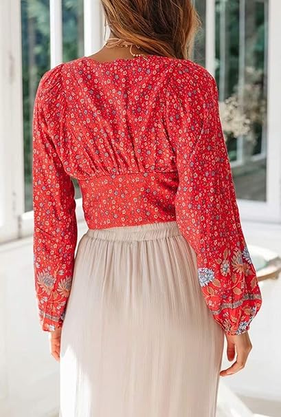 Red Bloom Boho Floral Print Long Sleeve Crop Top