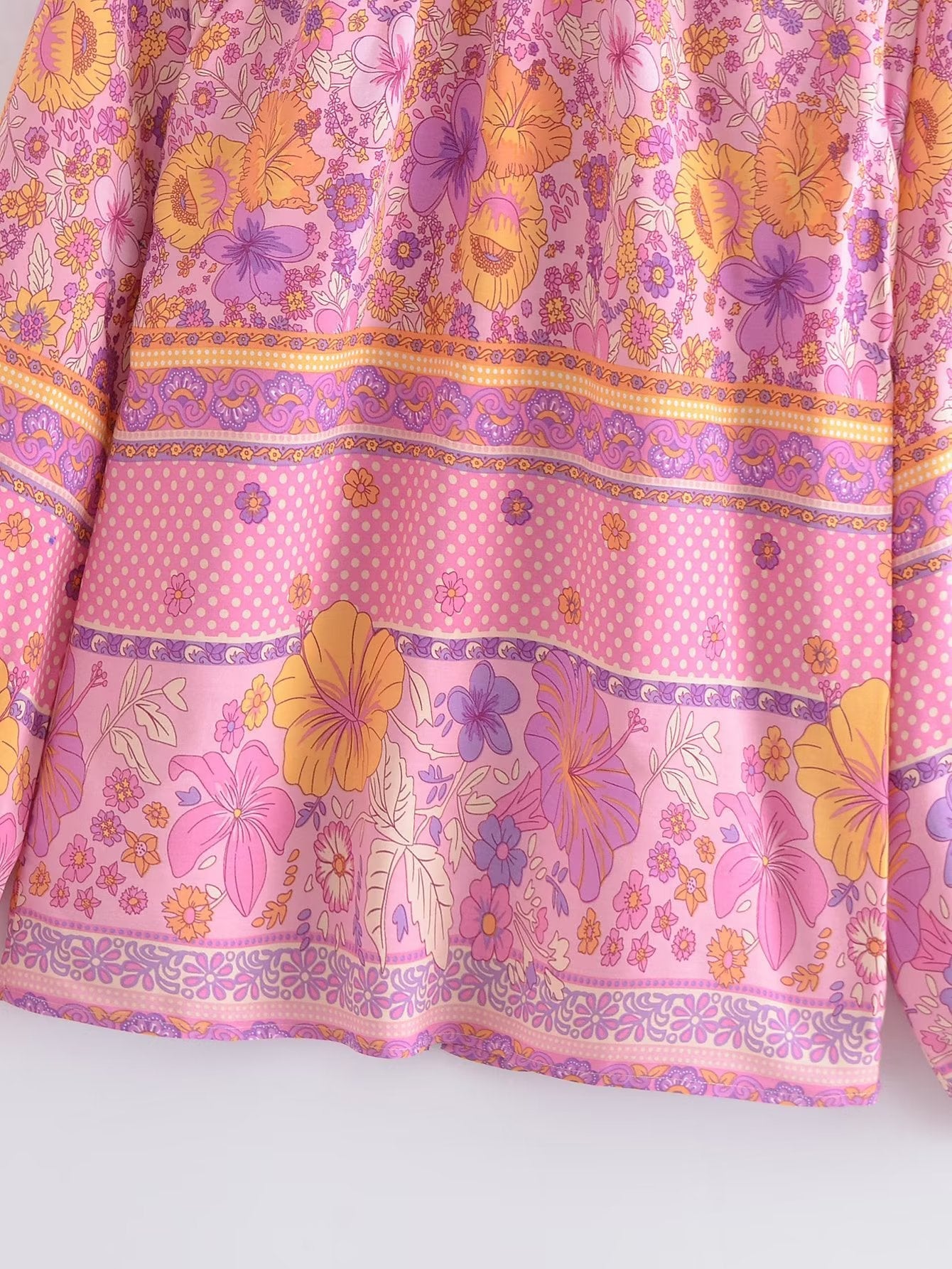 Pink Hibiscus Boho Floral Print Long Sleeve Blouse