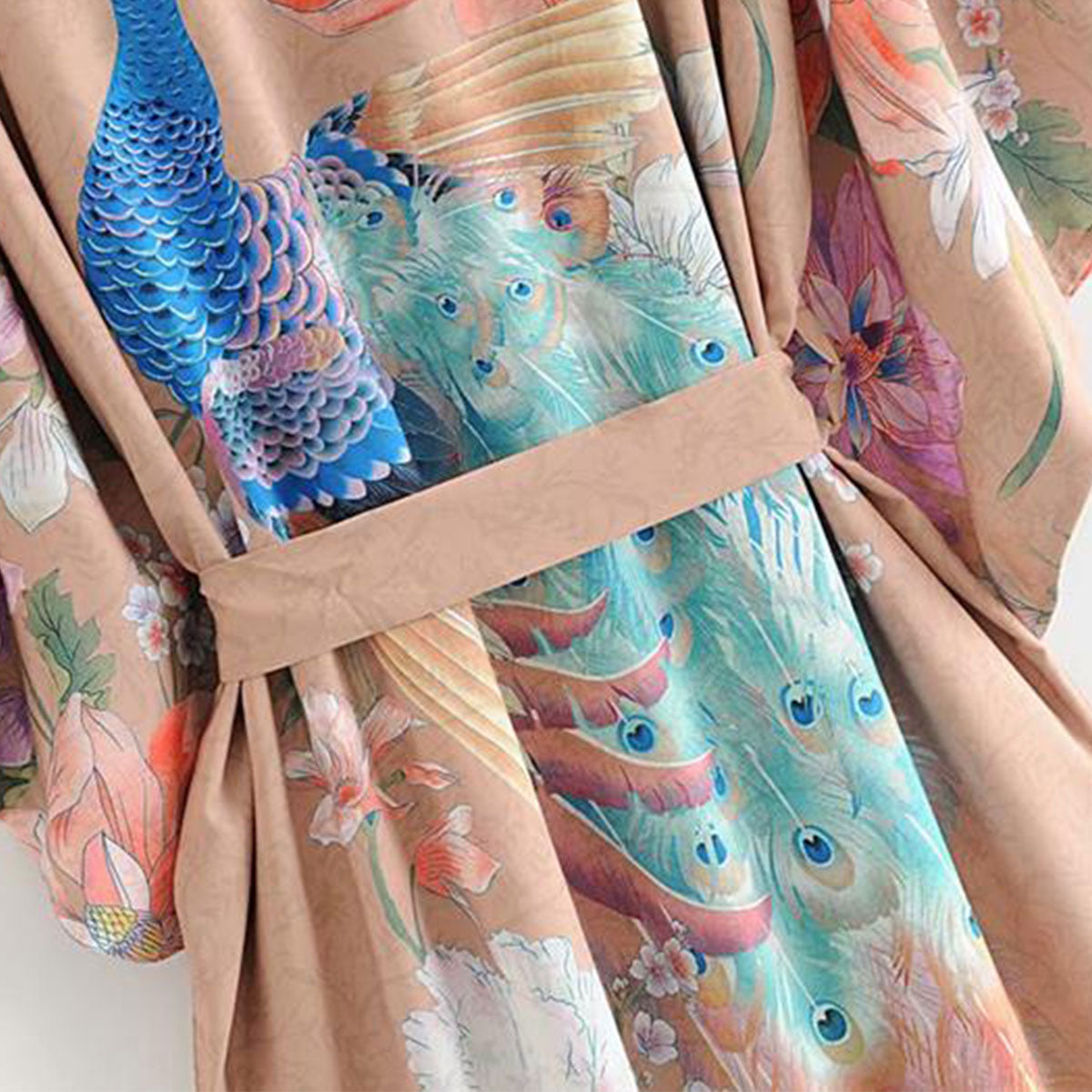 Mesa Tan Peacock Boho Floral Print Maxi Robe