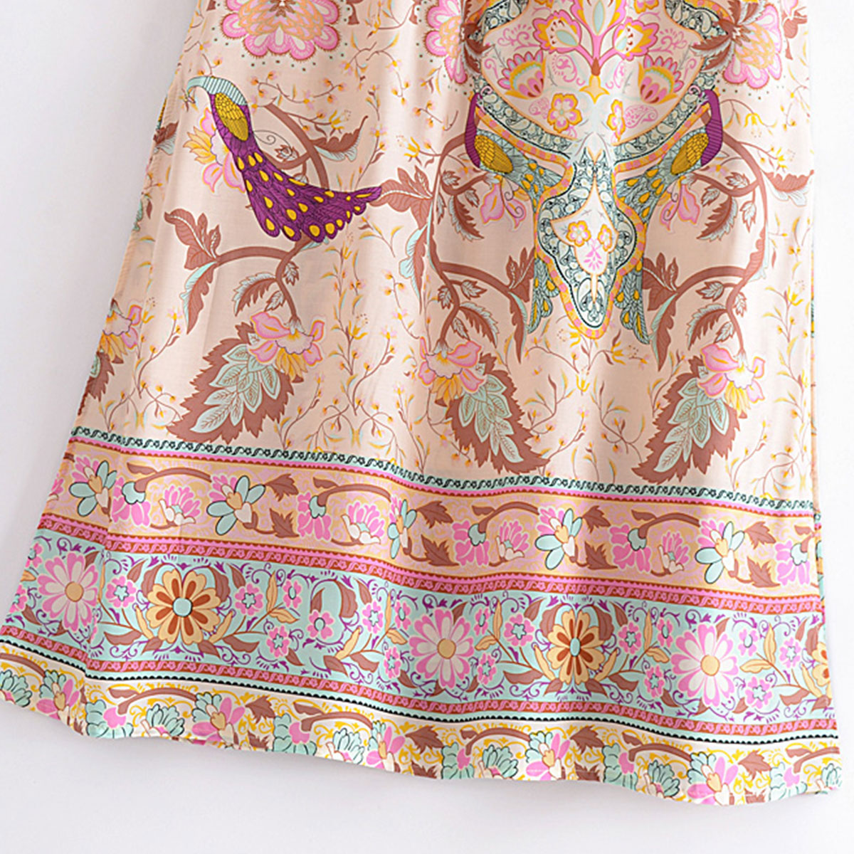 Peony Pink Peacock Boho Floral Print Midi Skirt