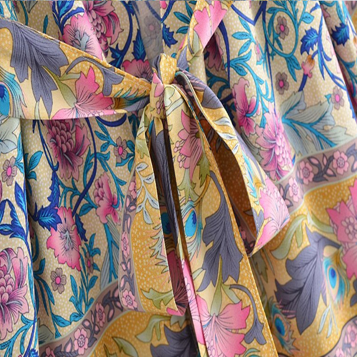 Golden Peacock Boho Floral Print Short Robe