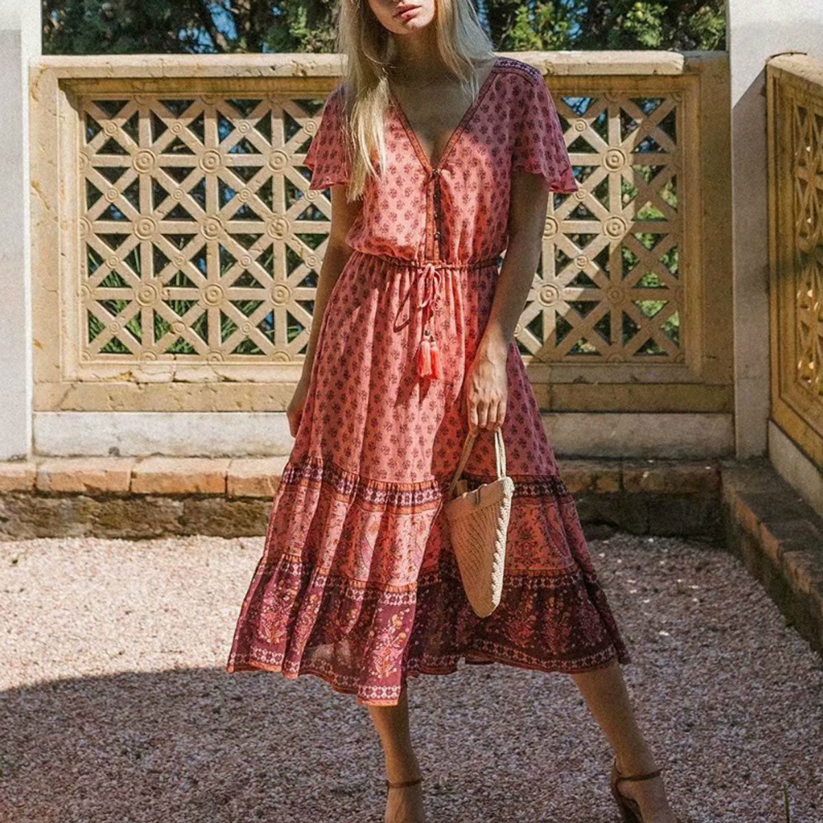 Siesta Rose Boho Floral Print Midi Dress