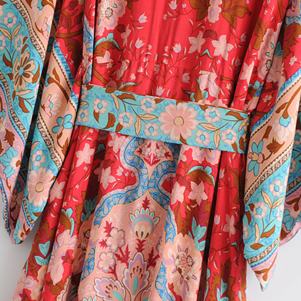 Fiery Red Peacock Boho Floral Print Midi Dress