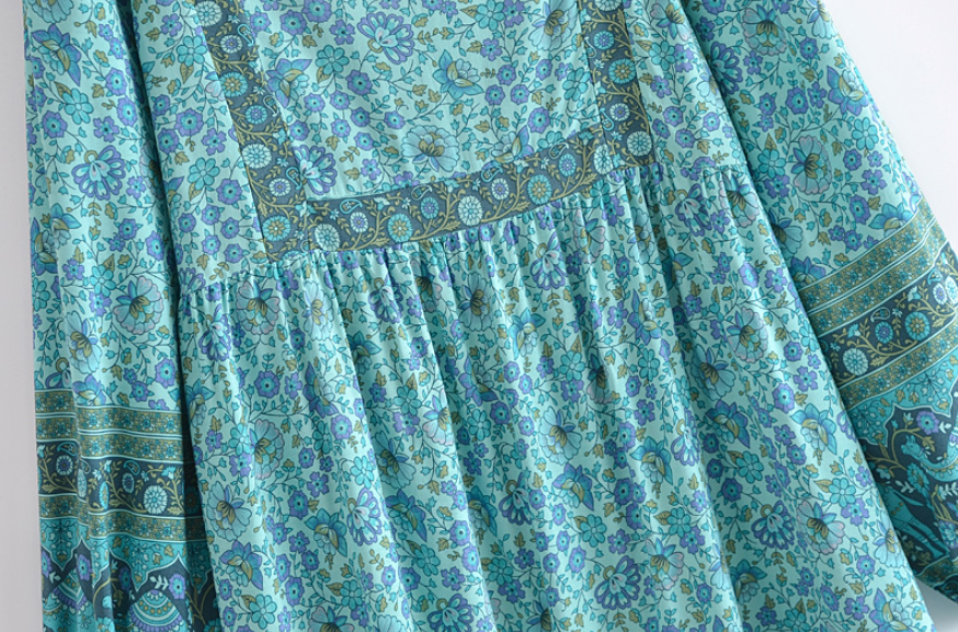 Calypso Camel Boho Floral Print Long Sleeve Midi Dress