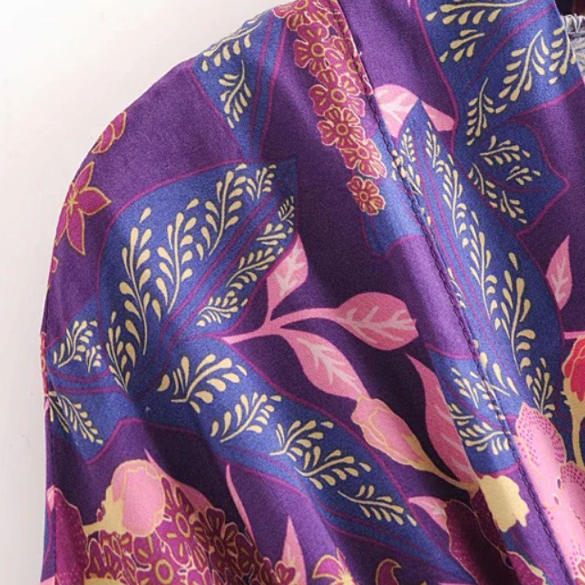 Violet Purple Boho Floral Print Maxi Robe