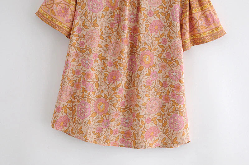Monticello Rose Boho Floral Print Short Sleeve Blouse