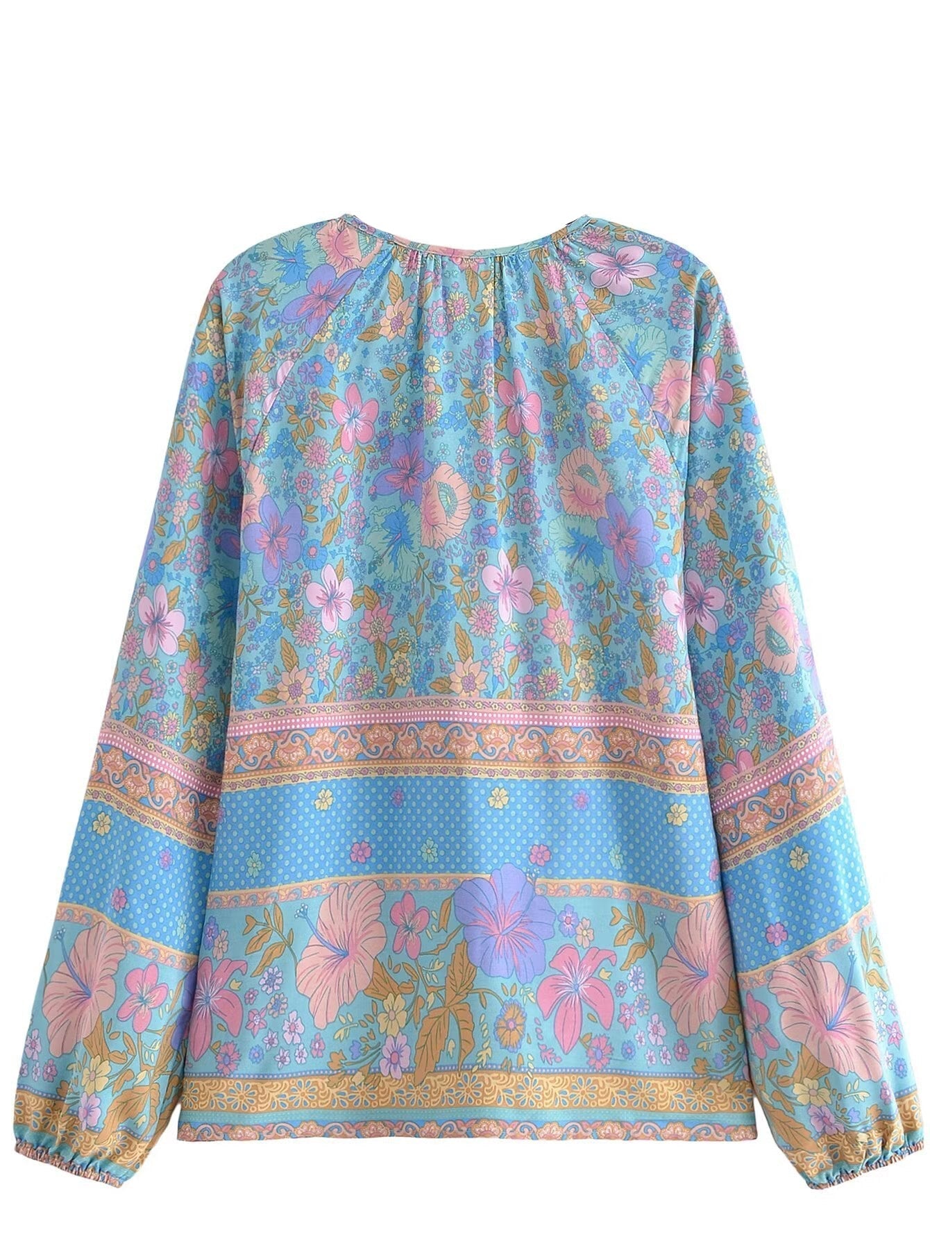 Blue Hibiscus Boho Floral Print Long Sleeve Blouse
