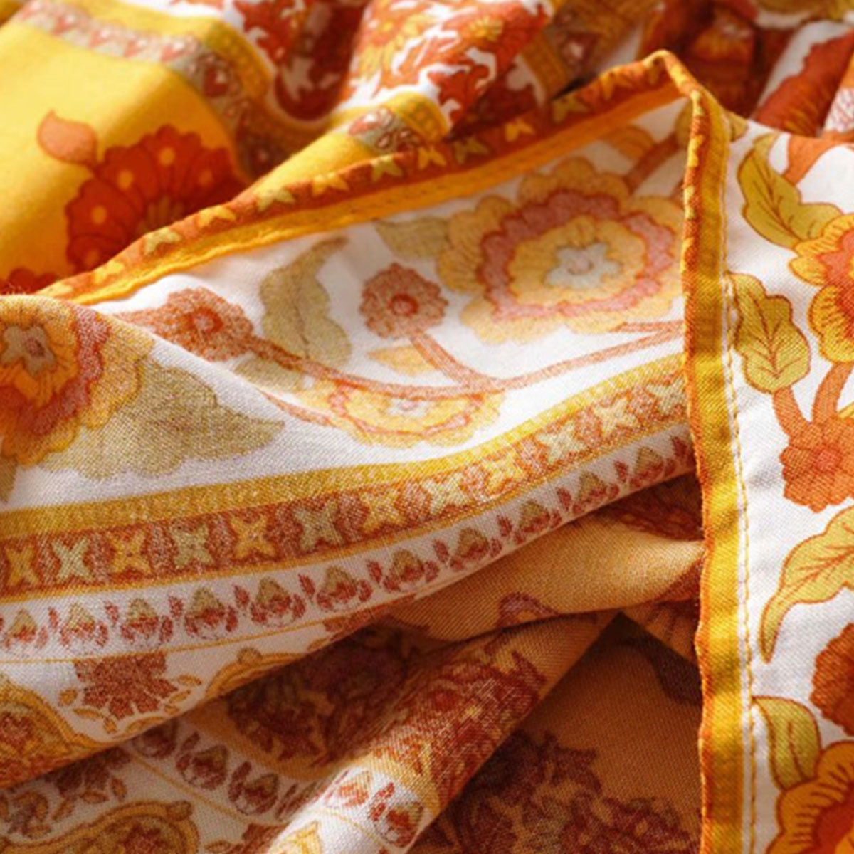 Marigold Orange Boho Floral Print Midi Skirt