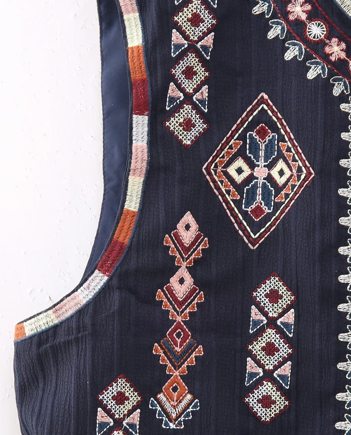 Navy Boho Aztec Embroidered Vest