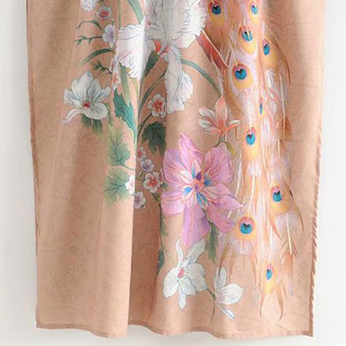 Mesa Tan Peacock Boho Floral Print Maxi Robe