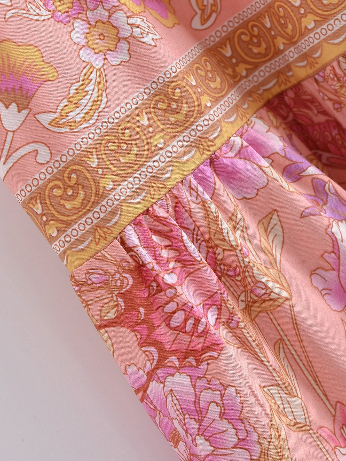 Pink Butterfly Boho Floral Print Long Sleeve Maxi Dress