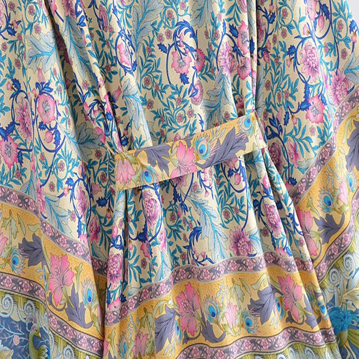 Golden Peacock Boho Floral Print Short Robe