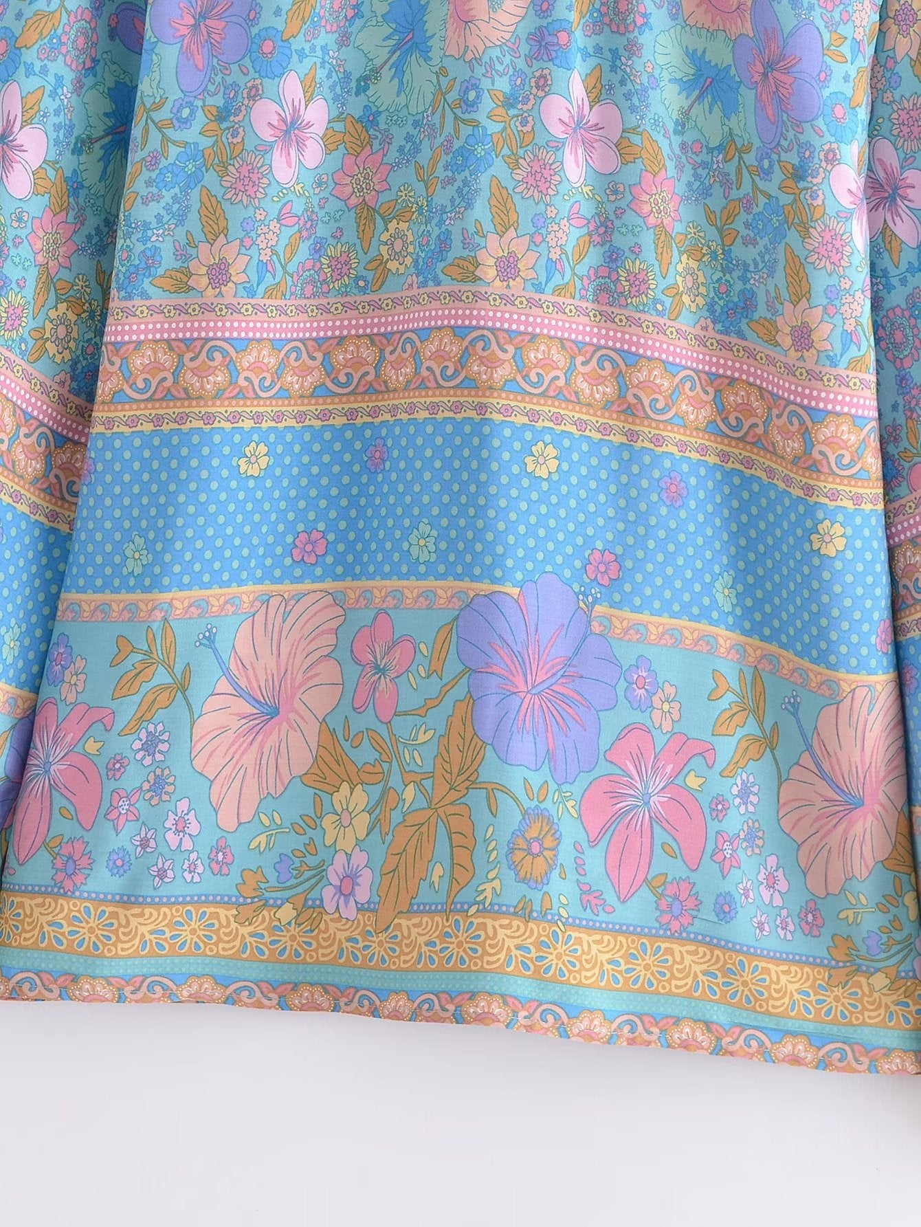 Blue Hibiscus Boho Floral Print Long Sleeve Blouse